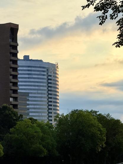 A skyscraper in Rosslyn is seen above some trees. The sky has a pretty collection of clouds and blues. 