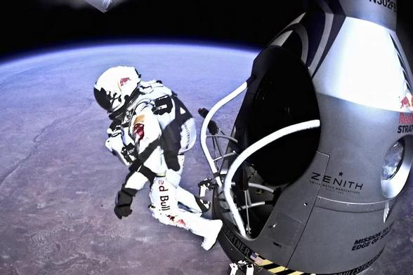 Felix Baumgartner jumped from a balloon 38km above Earth in 2012.  Reuters: Red Bull Stratos

“I’m standing there on top of the world outside of a capsule in space and in the stratosphere,” he remembered. “I looked around the sky above me was completely black. I was really trying to inhale that moment. … I had tears in my eyes when I was coming back a couple of times because you’re sitting there and you thought about that moment so many times, you know, how it would feel and how it would look like. And this is way bigger than I had anticipated.”