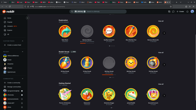 A screenshot of my Reddit achievements, including my streak.