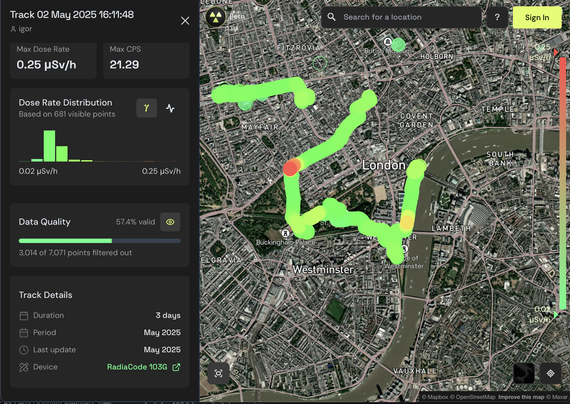 Map showing some radiation levels in central London