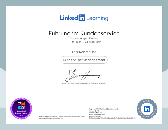 Ein Zertifikat, welches bescheinigt, dass ich nicht nur an einem Lehrgang zum Thema "Führung im Kundenservice" teilgenommen, sondern auch erfolgreich bestanden habe. 