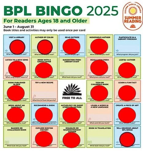 BPL summer reading bingo card with 18 chips on it.  Still no bingo.  