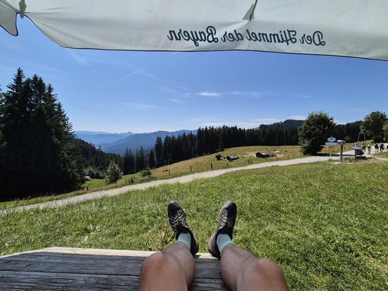A person is sitting on a wooden deck that overlooks a vast grassy field. Only their legs are visible. In the background, there is a large tree on the left side of the image. The sky above is a clear blue with fluffy white clouds scattered throughout. The scene evokes a sense of peace and tranquility, perfect for a summer day. The deck offers a serene spot to admire the natural beauty of the surrounding landscape, with mountains visible in the distance.