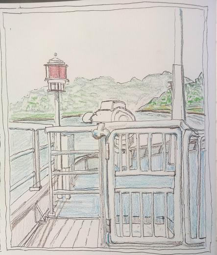 La prou d'un bateau sur une rivière approchant un étroit.  Avant  les balustrades et le matériel technique. Dessin à l'encre et aux crayons couleurs.