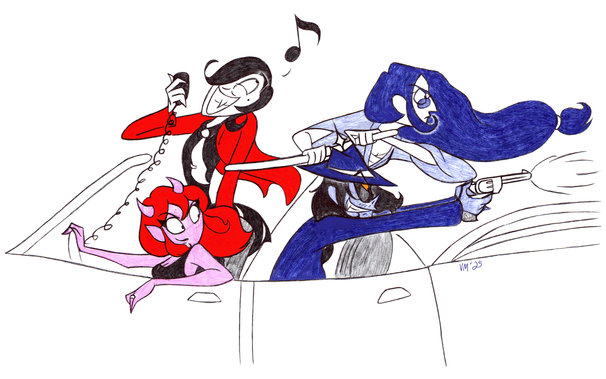 Johnny Long-Legs as Lupin III, grinning happily as he relays a message on the CB radio, Velvet Ophelia as Fujiko Mine confidently driving their getaway vehicle, while Riley Sawyer as Goemon readies her sword and Maury Frankenstein fires his pistol at whoever is chasing them.