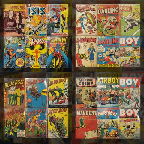 24 comic books from the 1940s to the 1970s, including Spider-Man, X-Men, 2 unrelated Daredevil comics, Captain Marvel Junior, Blue Bolt, Boy Comics, Airboy, All-True Crime, Joker, Isis, Eerie Tales, and Babe, Darling of the Hills.