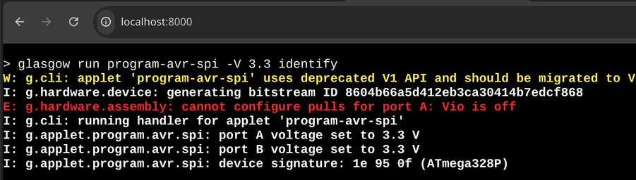 screenshot of a browser with `glasgow run program-avr-spi -V 3.3 identify` command in it, printing that it discovered an ATmega328P