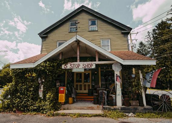 A beige building surrounded by power lines on both side with a sign that says 5 STOP SHOP and lots of plants and knick-knacks out front