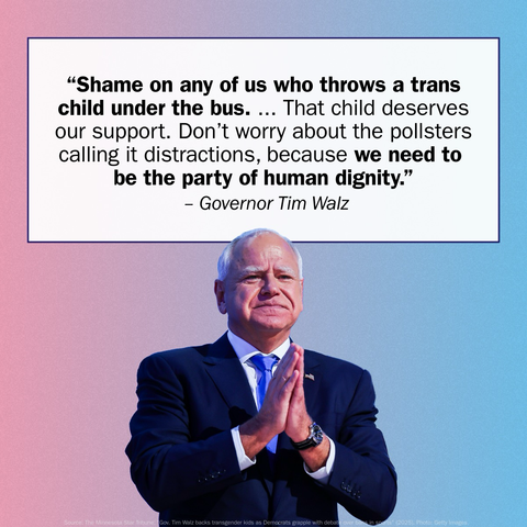 (above an image of Governor Tim Walz) "Shame on any of us who throws a trans child under the bus. ... That child deserves our support. Don't worry about the pollsters calling it distractions, because we need to be the party of human dignity."