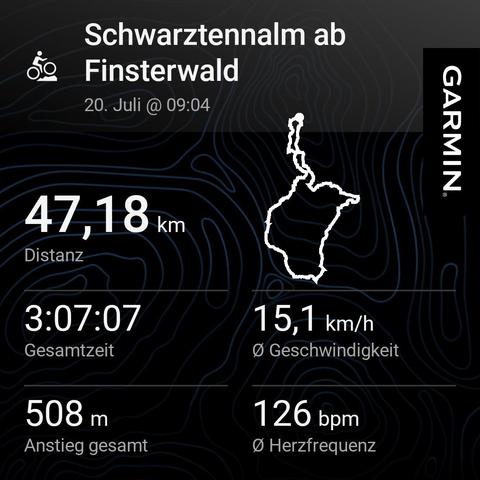 Garmin device screen displaying cycling activity titled ‘Schwarztennalm ab Finsterwald’ on 20 July, showing a distance of 47.18 km, elevation gain of 508 m, average speed of 15.1 km/h, and average heart rate of 126 bpm.
