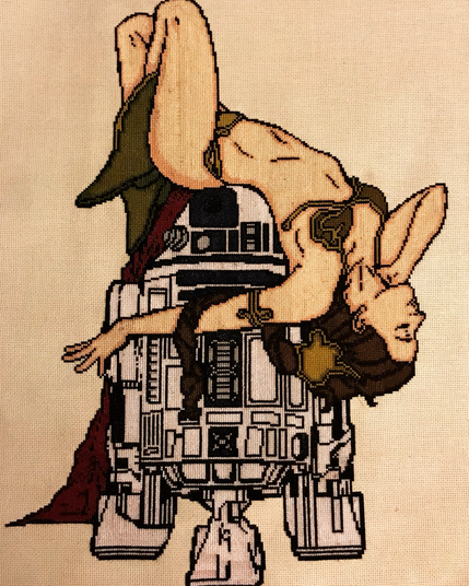 Star Wars Princess Leia in the slave bikini lying on top of R2D2. Cross stitch embroidery picture 