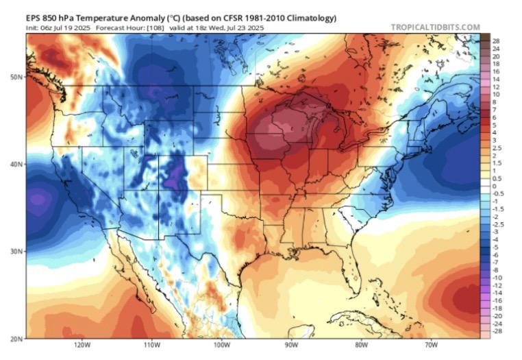 A map showing larger red circle over Ohio valley and Great Lakes. EPS 850 hPa Temperature Anomaly (*C) (based on CFSR 1981-2010 Climatology)  Init: O6z Jul 19 2025 Forecast Hour: [108] valid at 18z Wed, Jul 23 2025