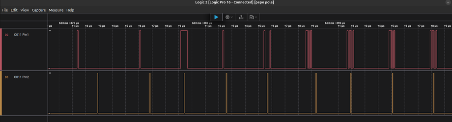 Logic analyser output showing link out (red) and link in (orange) of a write of AA55AA55 to 8000FF00 in the TRAM memory.