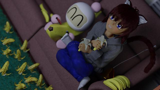 Belle dual-wielding bananas like joycon and Banana-Bomberman playing with a pair of joycon 2s. Various bananas and peels all around the couch.