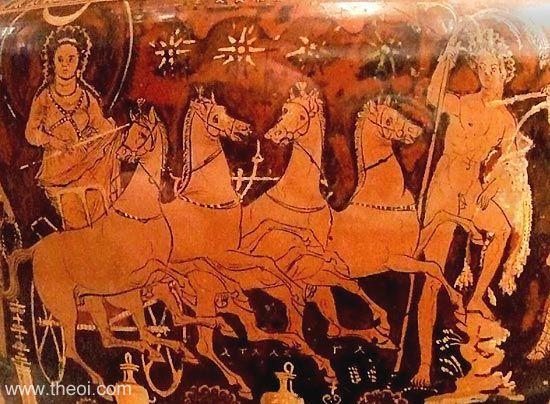 This vase depicts the shepherd Endymion luring Selene the Moon down from the sky with a shining fleece. The goddess drives in a four-horse chariot and is crowned with the crescent moon and shining aureole. Aphrodite and Peitho, the goddesses of love and seduction, stand to her left (not seen here).