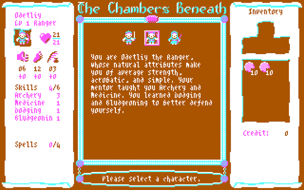 The character selection screen. There are three characters lined up at the top: a Warrior, a Ranger, and a Mage. The cursor highlights the Odetliy the Ranger, whose stats, skills and inventory are shown on the scrolls on the left and right of the screen.