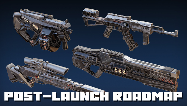 A collage of weapons with polygonal overlays as if they're being synthesized in a holodeck; "post-launch roadmap" text.