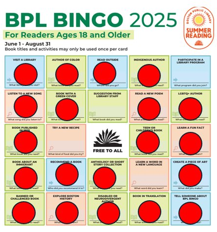 BPL Bingo card 2025, 20 chips Bingo down the left side.  Last chip was Banned or Challenged book. 
