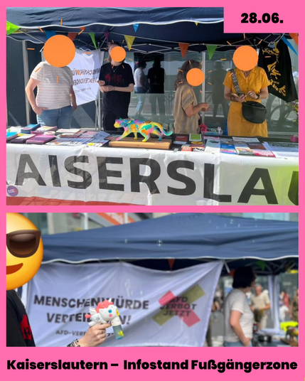 Fotos eines Infostandes der Kampagne AfD-Verbot Jetzt in Kaiserslautern mit Bannern, Flyern, Postkarten und einer buten Katzenstatue. Menschen sind davor im Gespräch.
