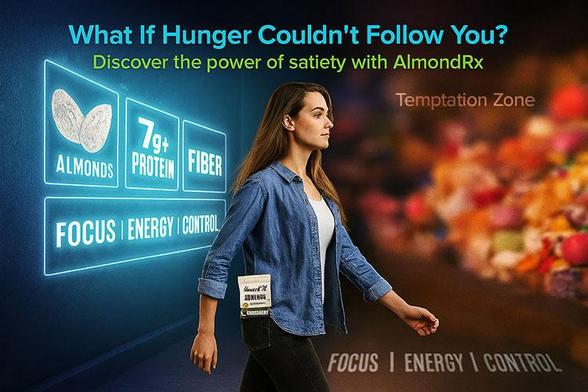 A conceptual scene of a woman walking past a glowing wall made of protein, fiber, and healthy fat icons representing high satiety snacks. AlmondRx almonds are visible in her pocket as she avoids processed foods.