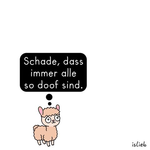 Comic. Ein kleines Alpaka steht in der Gegend rum und denkt: "Schade, dass immer alle so doof sind."