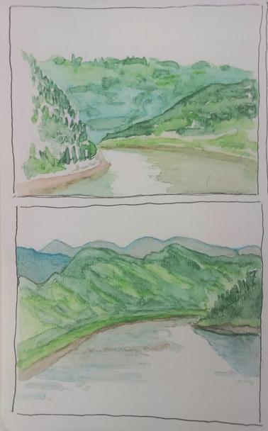 Two aquarelle sketches of the Yangtze river with mountain scenery left and right.

Deux aquarelles rapides du Yangtze avec les paysages montagneuses à gauche et à droite.