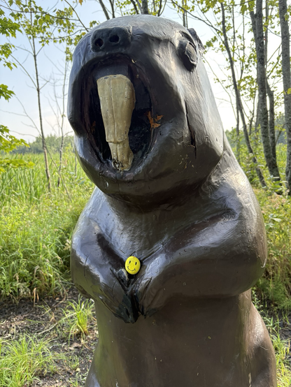 A happy face rock in the arms of a giant beaver carving. 