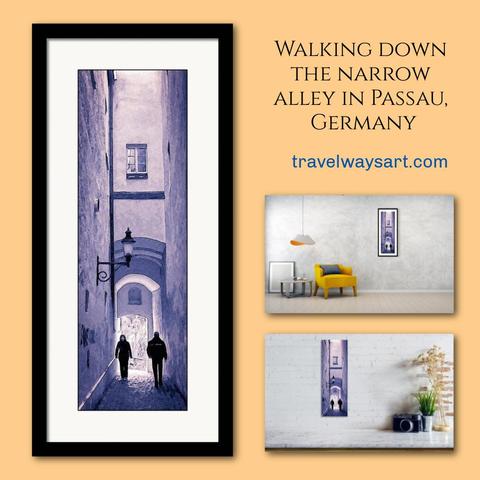 Walking down the narrow alley in Passau, Germany - original travel photo cropped to a vertical panoramic format and painterly altered in digital media