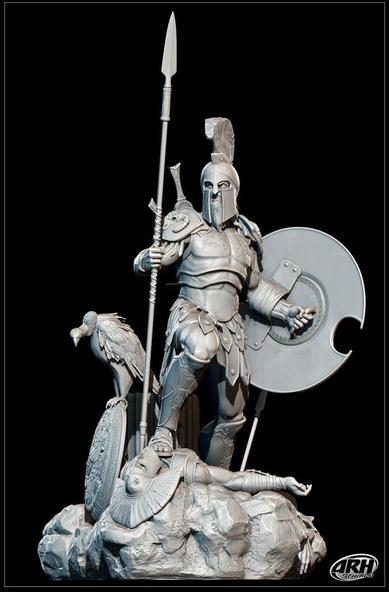 Statue design of Ares by Alejandro Pereira. The design is not coloured. Ares is standing with his spear raised and his aspis shield on his arm atop a fallen warrior He wears a plumed helmet and full armour. The armour is inspired by ancient Greek armour but not historical, giving him a layered breast plate and shoulder armour. He wears a sword on his back. A vulture, one of Ares' sacred animals, is perched next to him.