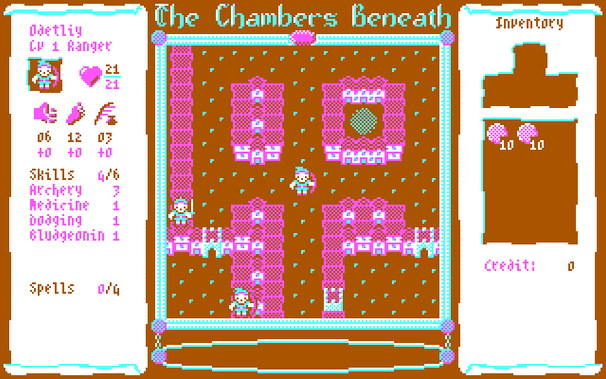 Odetliy the Ranger walks the city streets. The NPC characters superimposed on the houses are shopkeepers, indicating where shops can be found. The towers intersecting some of the streets are where the dungeons are located.