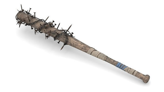 Baseball bat wrapped with barbwire and rusty nails.