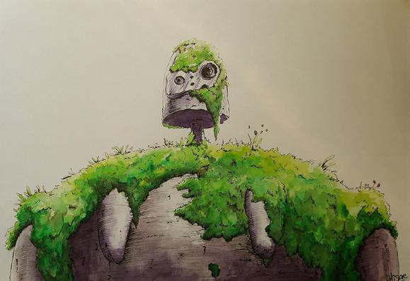 Dessin à l'encre représentant un des robots de Laputa, l'île flottante du film "Le château dans le ciel" de Miyazaki. Il s'agit d'un des robots hors-service, sur lequel la végétation a poussé.