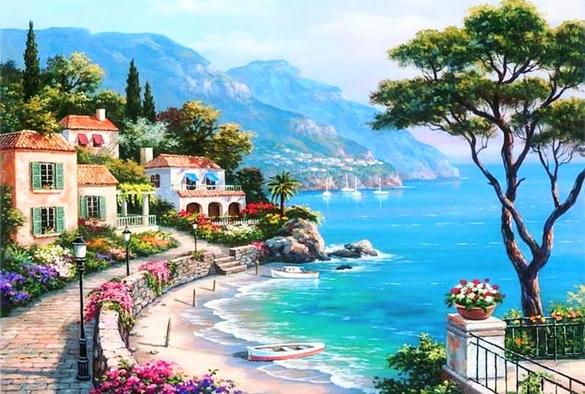 A beautiful painting of houses along the ocean beach front 