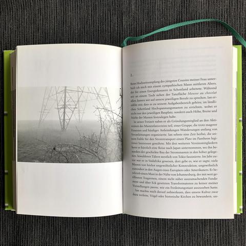 Das aufgeschlagene Buch „Freuden und Mühen der Arbeit“ auf der ersten Seite des Kapitels „Energieübertragungstechnik“.
Auf der rechten Buchseite ein Foto in Schwarz-Weiss, worauf der untere Teil eines Strommasten im Nebel zu sehen ist, im Vordergrund ragen die Zweige eines Dornenbuschs ins Bild.
Auf der rechten Buchseite Buchtext des Kapitels.