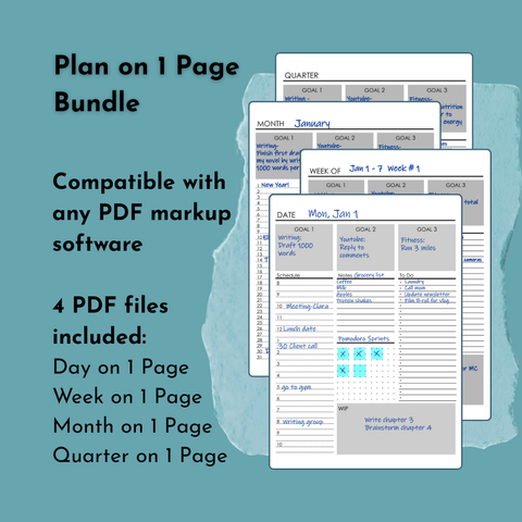 Plan on 1 Page Bundle. Compatible with any PDF markup software. 4 A5 Files included: Day on 1 page, Week on 1 page, Month on 1 page, and Quarter on 1 page