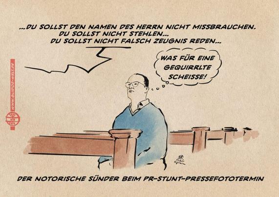 Illustration von Jens Spahn in der Kirche (Bildzitat eines Pressefotos). Von der Kanzel ausserhalb des Bildes tönen die zehn Gebote ins Auswahl: Du sollst den Namen des Herrn nicht missbrauchen..Du sollst nicht stehlen..Du sollst nicht falsch Zeugnis reden.. Spahn denkt sich: Was für eine gequirrlte Scheiße! Textzeile: Der Notorische Sünder beim PR-Stunt-Pressefototermin