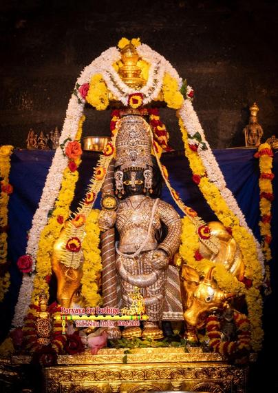 Idol of Hindu deity Krishna in diamond-cladding standing with a matching crown and a similarly clad staff in right hand, left hand on front left waist. Krishna wears gold shoes and stands on an ornate gilded box (partially visible). A small gold umbrella above Krishna and a gilded cow behind Krishna. The cow's head is turned back to gaze at Krishna's feet. A long string of yellow flowers and a long string of white flowers go from the top of the box all the way over the umbrella and back down to the box on Krishna's other side. A string yellow flowers on the cow's back. Green holy basil leaves and assorted loose flowers at Krishna's feet. Blue cloth background.