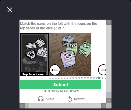 A CAPTCHA that reads "Match the icons on the left with the icons on the top faces of the dice (2 of 7)".
