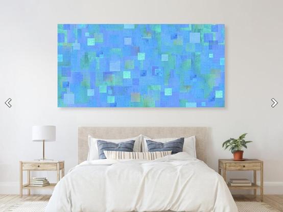 Blue modern painting with squares of blue painted onto canvas in a bedroom setting over a bed.  Art by Sharon Cummings.