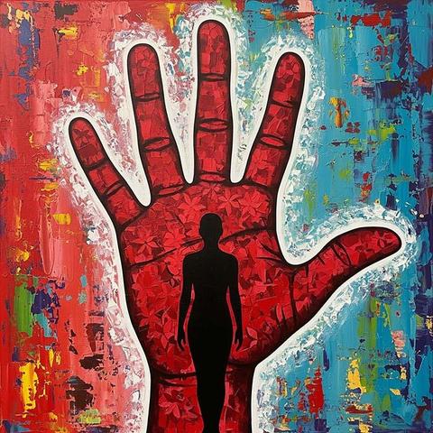 The vivid red palm symbolizes strength, protection, and vitality, often associated with life and growth. The floral pattern on the palm represents beauty, nature, and the intricate connections between humanity and the environment. The silhouetted human figure at the center suggests themes of identity, individualism, and the human experience, highlighting the relationship between people and nature.