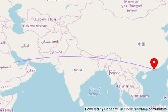 A map showing the great circle route from Al-Hofuf in Saudi Arabia to a map pin at Shatin Anglican Church, 10 Tak Po Street, Yuen Chau Kok, 000000 Hong Kong, China