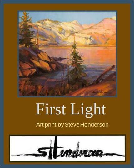 Art print of an original oil painting depicting dawn at an alpine lake, surrounded by mountains.