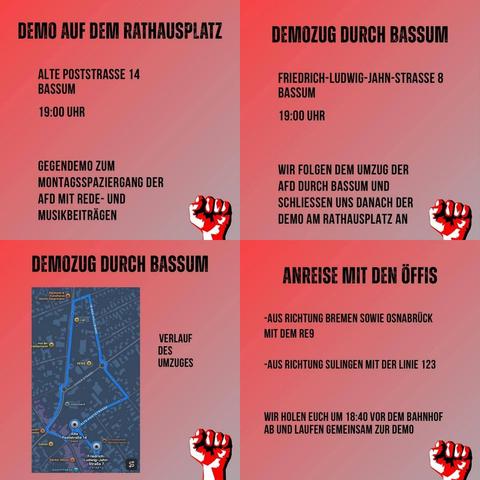 4 Bilder in einem  

Sie zeigen die marschrute

Und die Ankündigung,  dass um 18:40 die Anreisenden mit der Bahn am Bahnhof abgeholt werden und gemeinsam zur Demo gelaufen wird. 