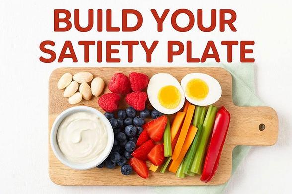 Visual satiety plate with blanched almonds, Greek yogurt, boiled eggs, and berries — showing the best snacks for weight loss that promote fullness and balance.