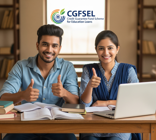 This image features a young boy and girl, both in school uniforms, sitting side-by-side at a study table in a rural courtyard. They are cheerfully giving a thumbs-up gesture, suggesting optimism and empowerment through education. Behind them, a banner displays the logo and title “Credit Guarantee Fund Scheme – CGFSEL,” highlighting the scheme’s support for education-related financial inclusion. The visual captures the spirit of government-backed schemes that enable equal opportunities for students from underrepresented or low-income communities.