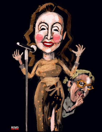 Cartoon. Vicky Leandros singend vor einem Mikrofon. Alice Weidels Kopf lugt rechts hinter Vicky in Hüftnähe heraus und hält sich den Zeigefinger vor den Mund “Psst!“. War das nun eine Verarschung Vickys oder war Vicky informiert und wir alle wurden verarscht?