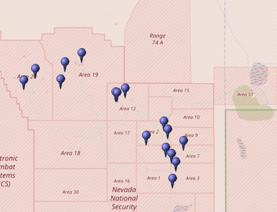 Kartierung aller Koordinaten von "Operation Charioteer (Atomtest)" im Testgebiet Nevada (Nevada National Security Site, NNSS)
Quelle: OpenStreetMap
Lizenz: Open Data Commons Open Database-Lizenz (ODbL)