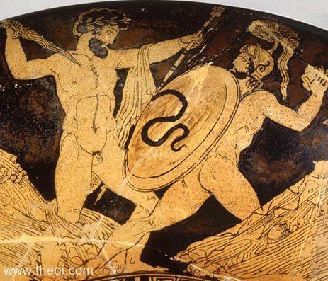 Detail of Zeus battling the giant Porphyrion from a painting of the Gigantomachia (War of the Giants).

Zeus brandishes a lightning-bolt in one hand and holds a royal sceptre in the other. He is crowned with a wreath of laurel or oak and has a cloak draped across his arm. The Gigante is armed with a rock and equipped with a crested helm and a shield painted with a coiling serpent.
