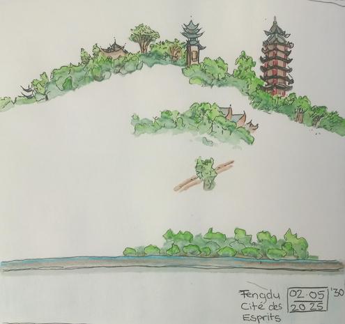 Aquarelle d'une montagne avec des arbres et parmi des pagodes parsemées.

A watercolour of a mountain with trees and some pagodas peeping out.