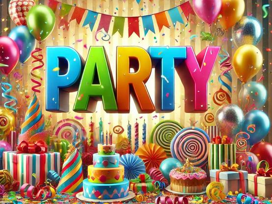 Ein farbenfrohes Party-Motiv mit großen, bunten Buchstaben, die das Wort „PARTY“ bilden, steht im Mittelpunkt. Umgeben ist die Szene von Luftballons in verschiedenen Farben, Girlanden, Konfetti und Luftschlangen. Auf einem Tisch im Vordergrund befinden sich dekorierte Torten, Geschenke mit buntem Geschenkpapier und große Zuckerstangen. Der Hintergrund ist mit hängenden Wimpelketten und Lichtern geschmückt, die eine festliche und fröhliche Atmosphäre schaffen. (KI-Bild)